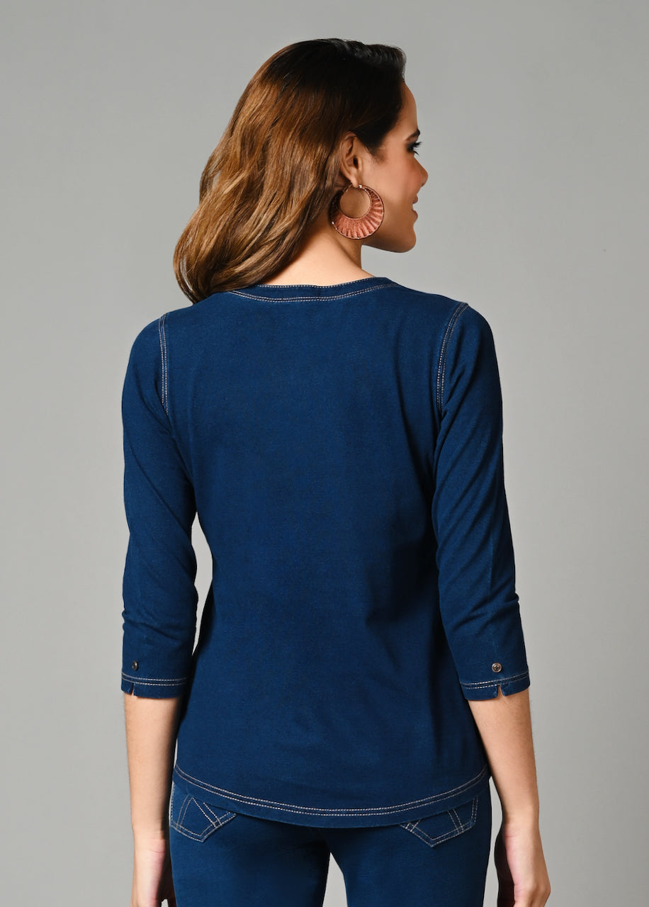 Denim Stretch Indigo V Neck Top