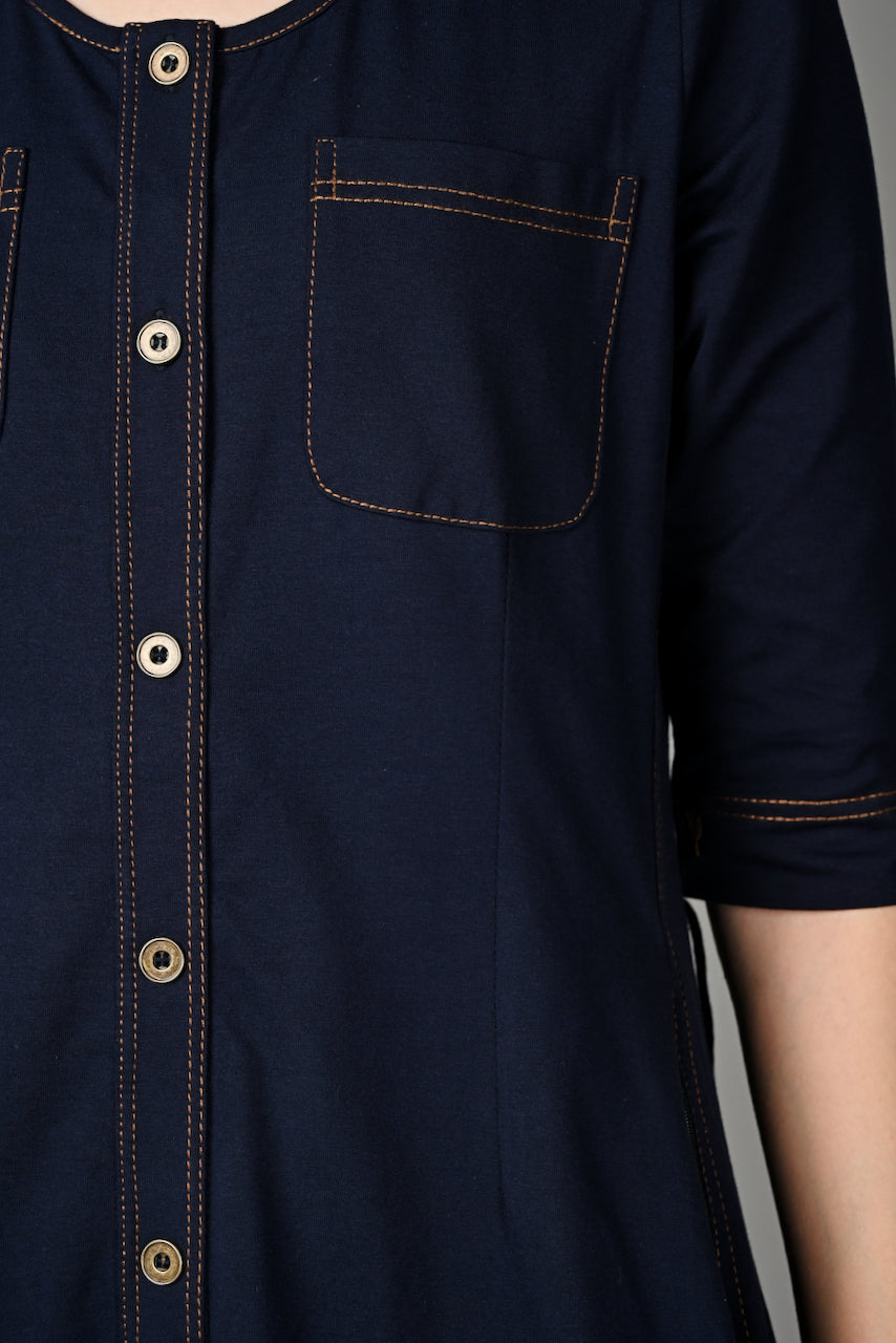 Navy Cotton Stretch Round Neck Dress