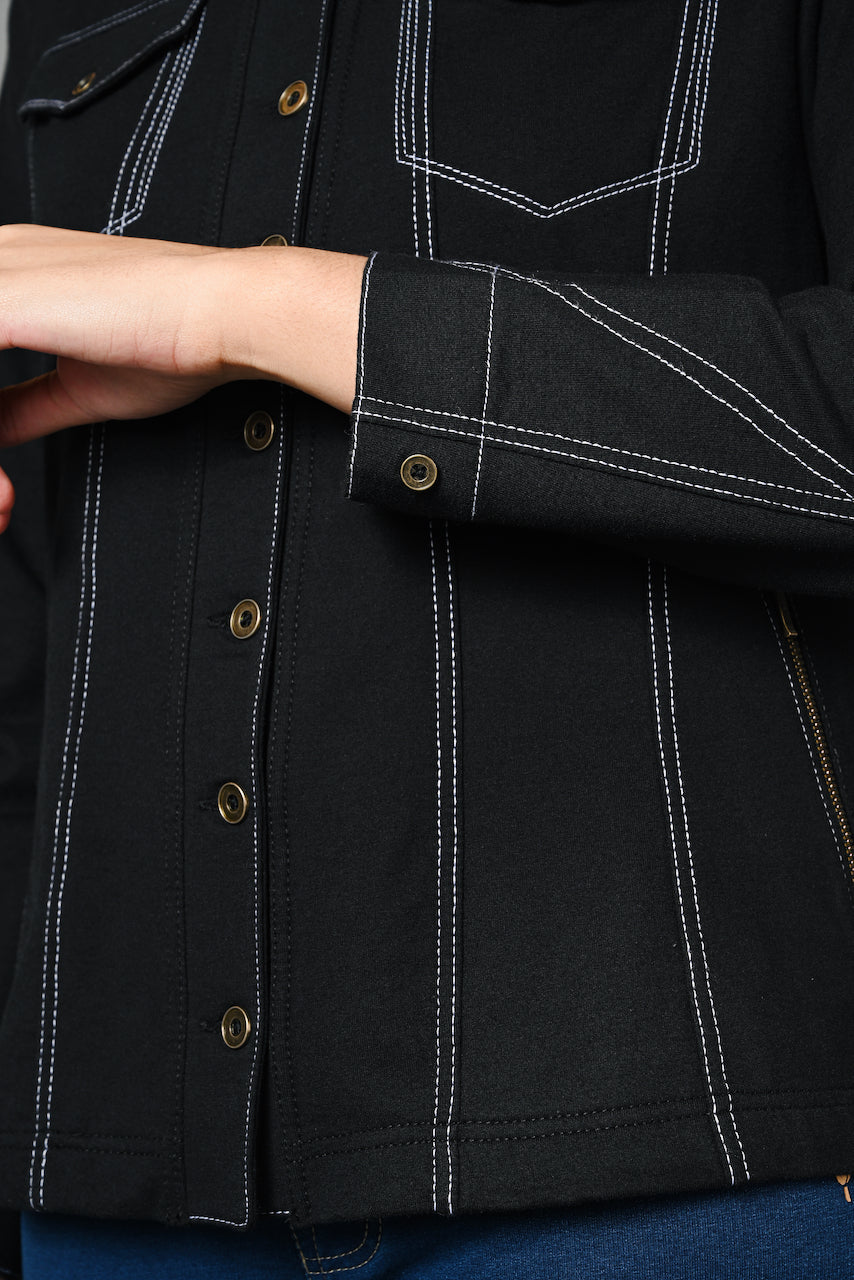 Black V Neck Cotton Stretch Jacket
