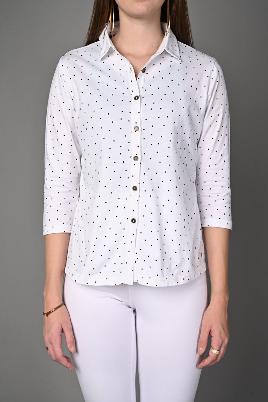 White Black Dot Cotton Stretch Shirt