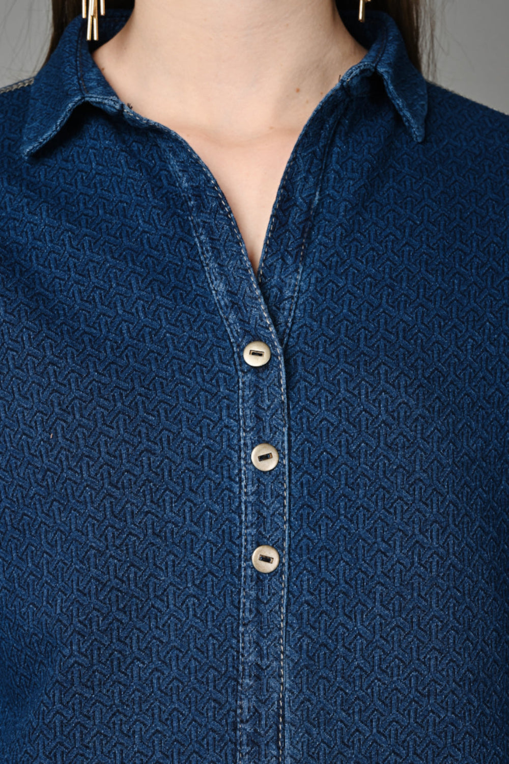 Stretch Indigo Denim Jacquard Long Shirt