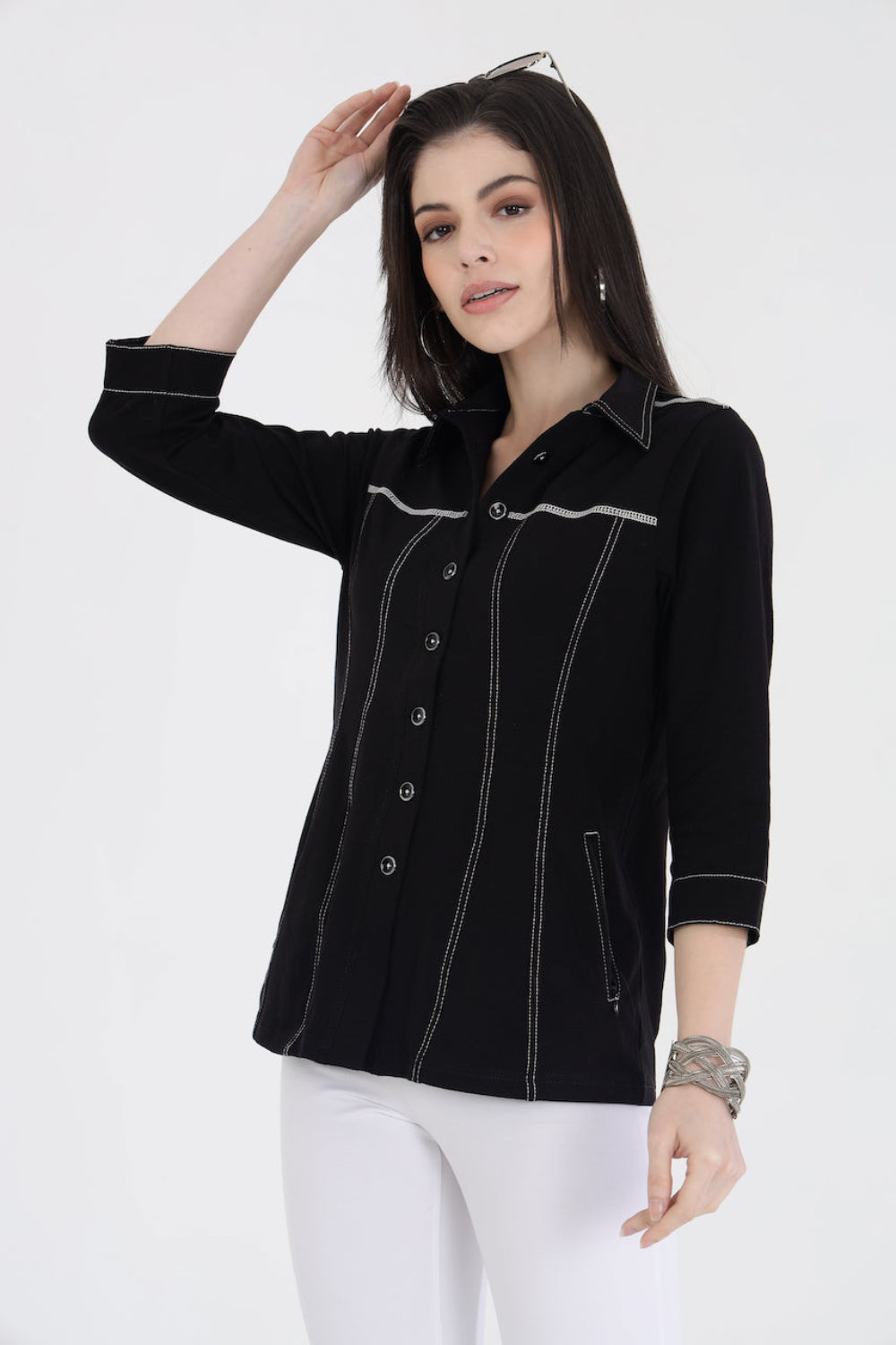 Classic Black Cotton Stretch Shirt Jacket