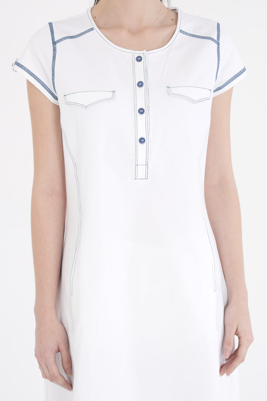 White Cotton Stretch Dress With Cap Sleeves and Black Threadwork