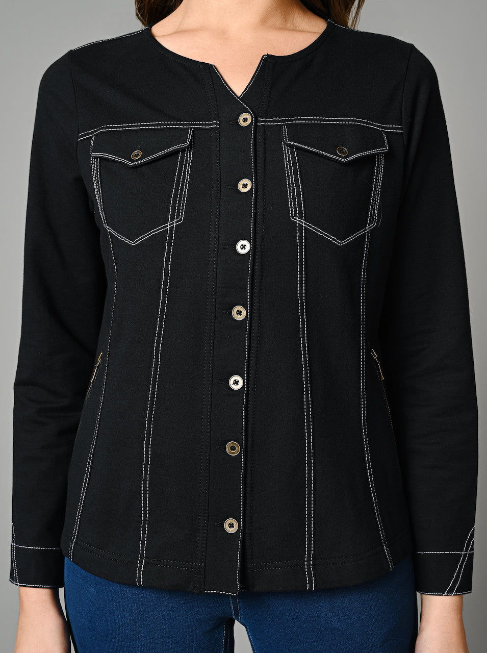 Black V Neck Cotton Stretch Jacket