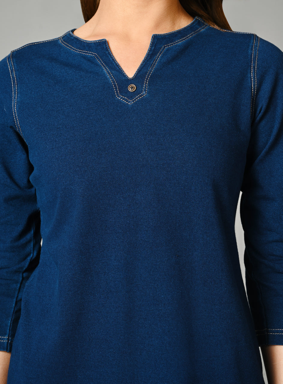 Denim Stretch Indigo V Neck Top