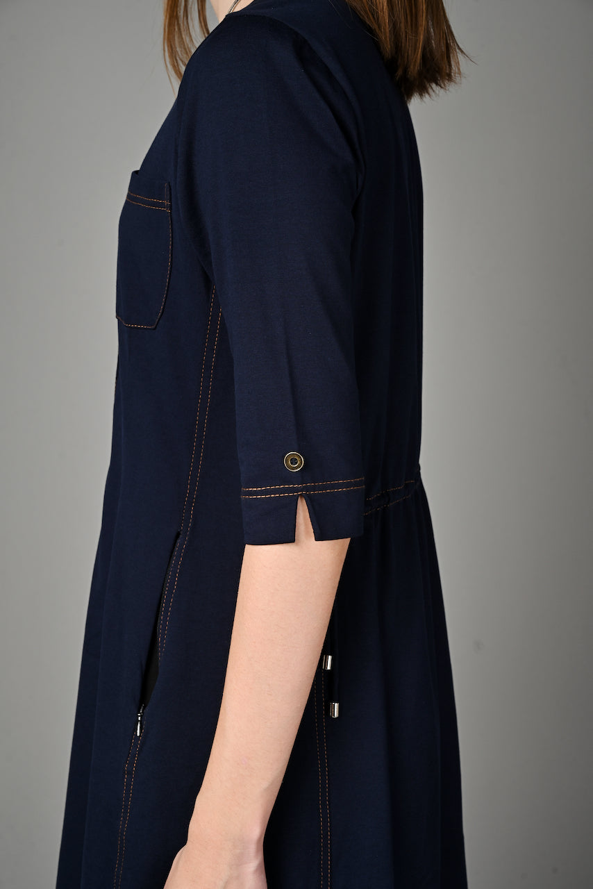 Navy Cotton Stretch Round Neck Dress