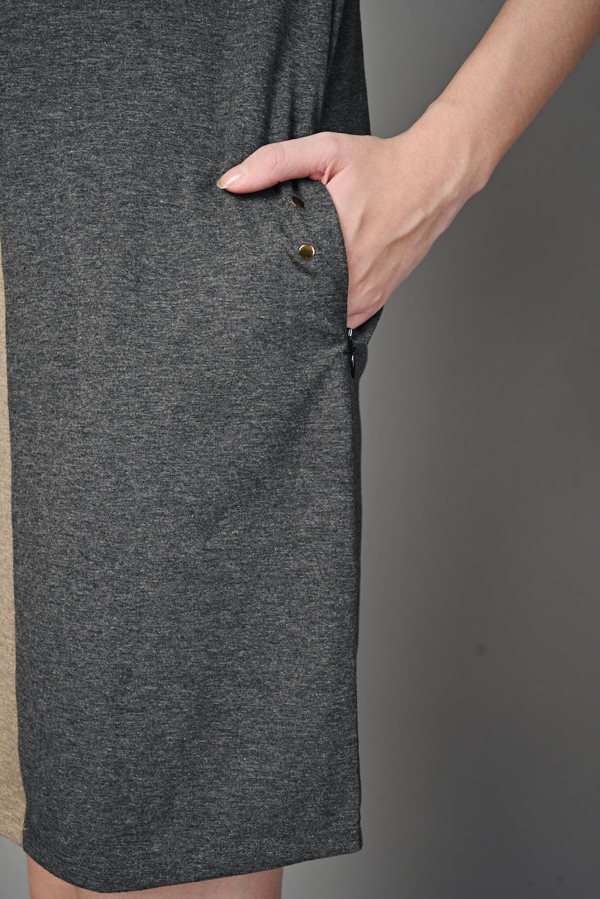 Fawn Grey Melange Stretch Round Neck Dress
