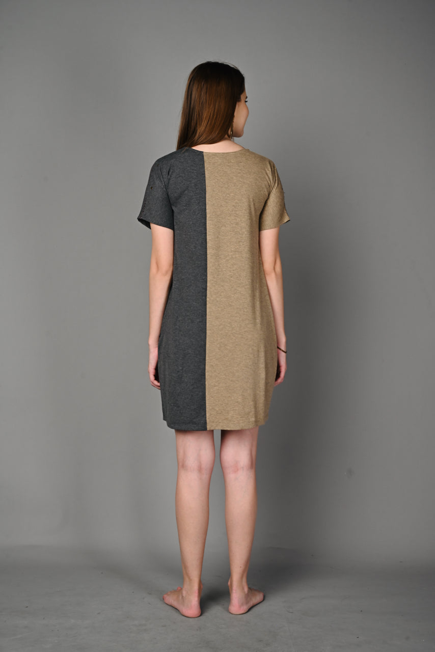 Fawn Grey Melange Stretch Round Neck Dress