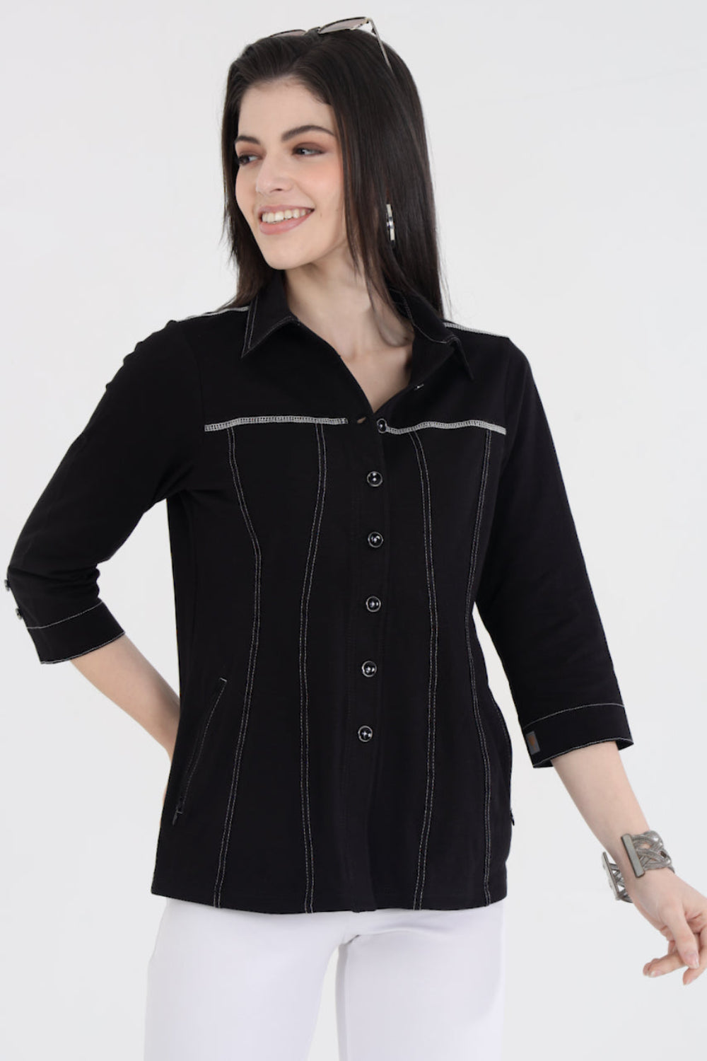 Classic Black Cotton Stretch Shirt Jacket