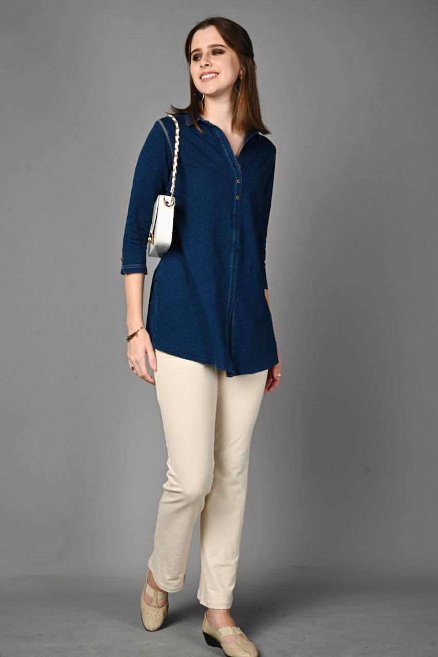 Denim Indigo Jacquard Long Shirt Kurti