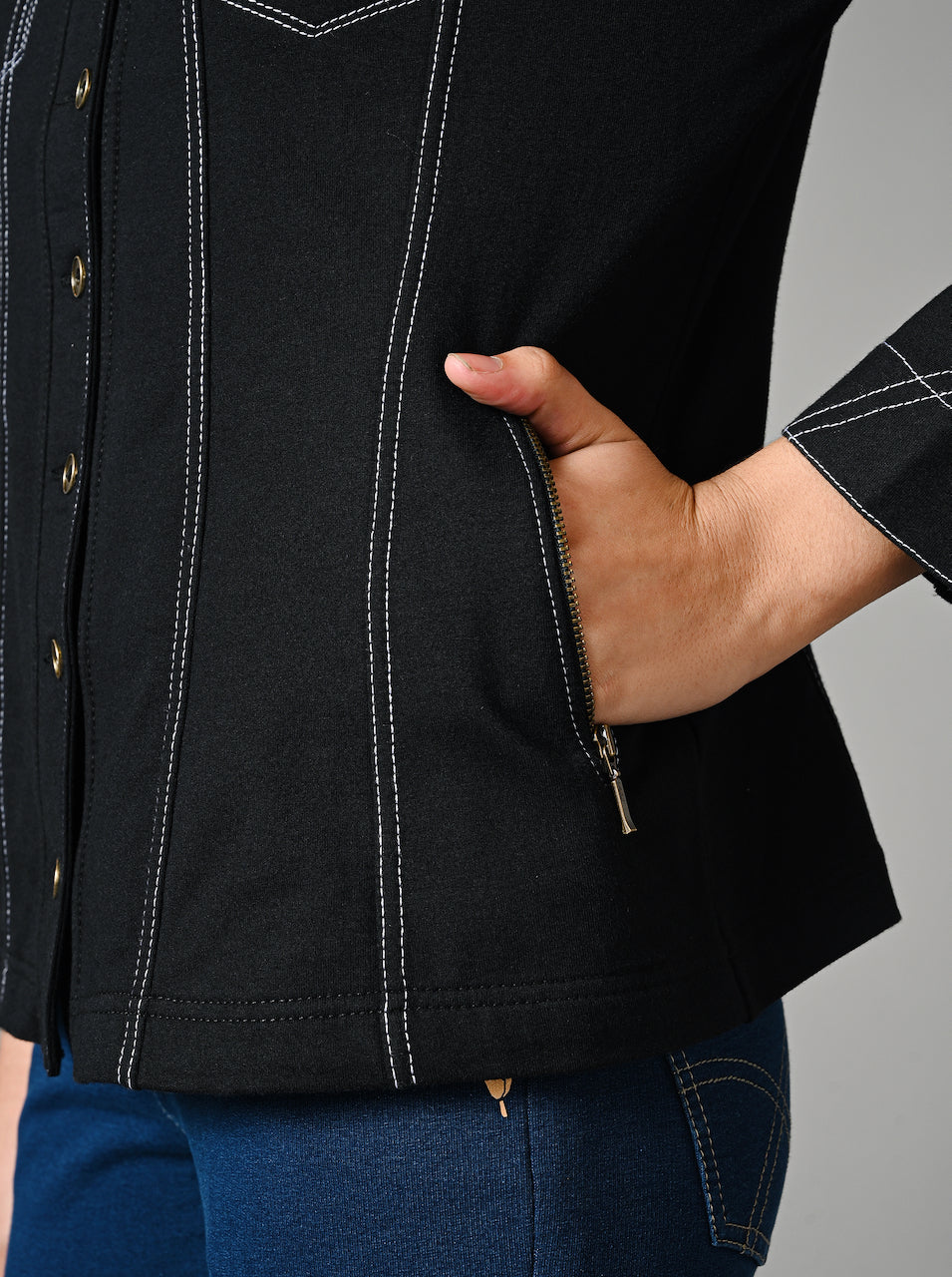 Black V Neck Cotton Stretch Jacket