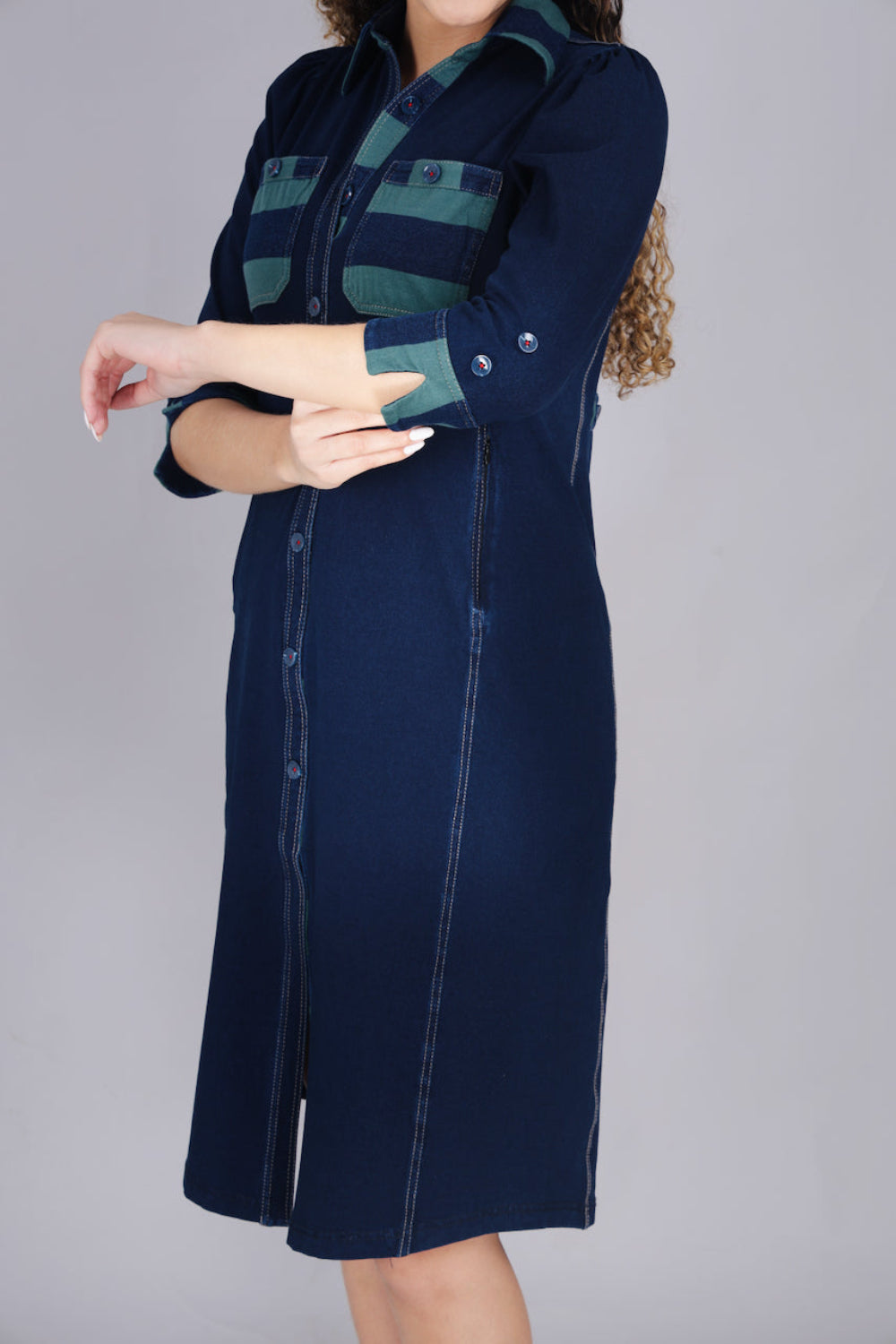 Stretch Denim Dress with Green Stripe Pockets