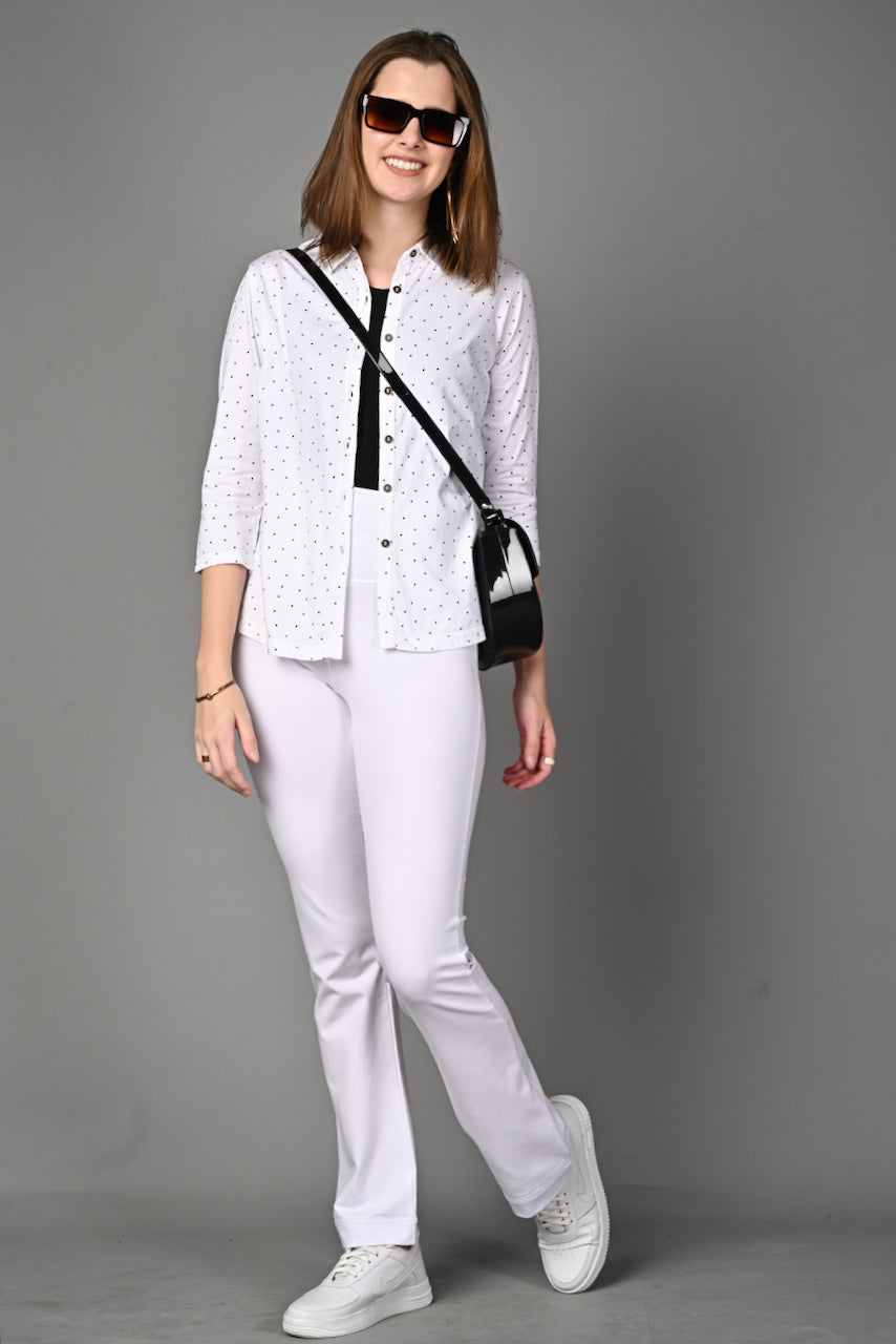 White Black Dot Cotton Stretch Shirt