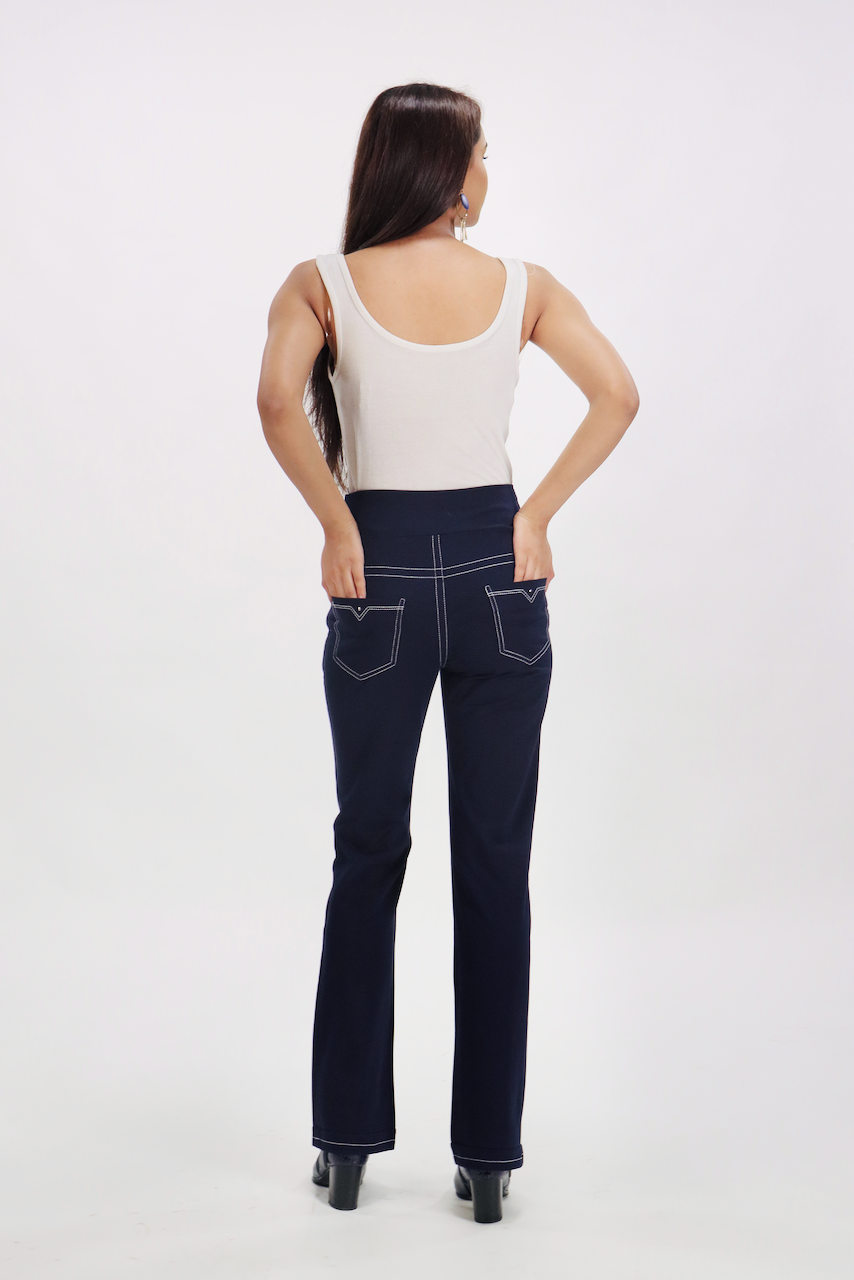 New Jeans - Stitch Solid Navy Cotton Stretch Pants