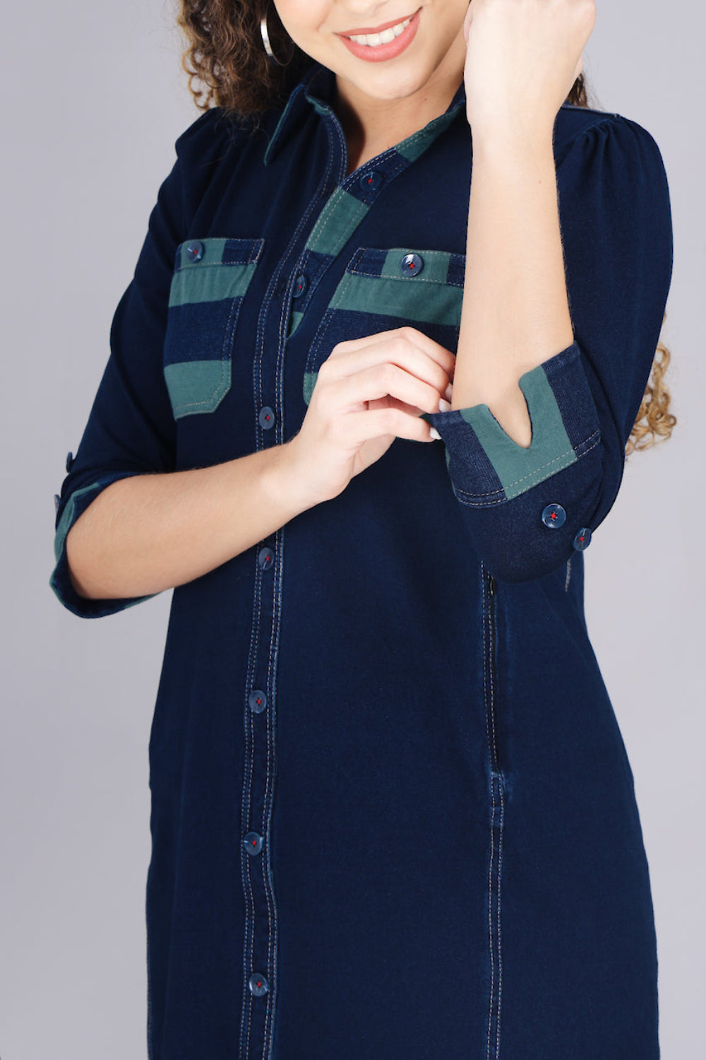 Stretch Denim Dress with Green Stripe Pockets