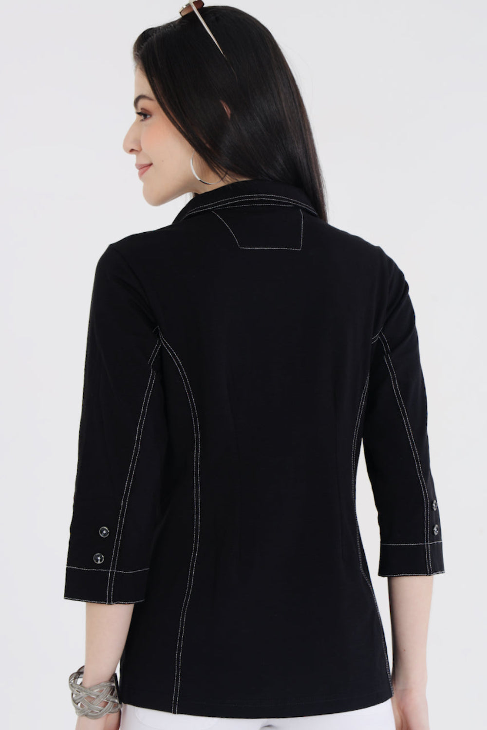 Classic Black Cotton Stretch Shirt Jacket