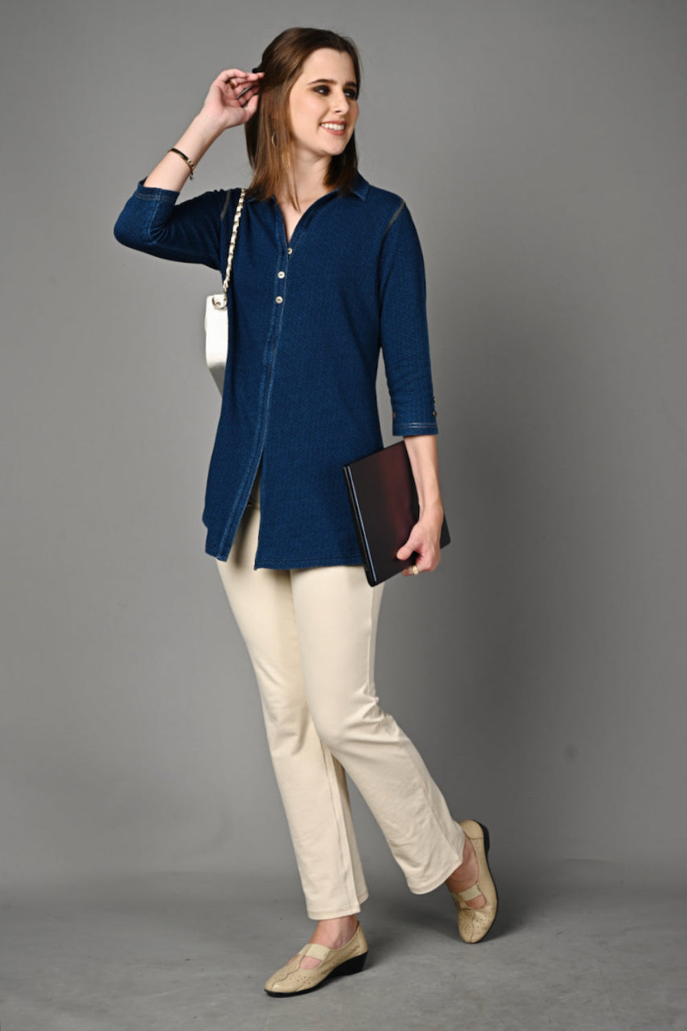 Stretch Indigo Denim Jacquard Long Shirt