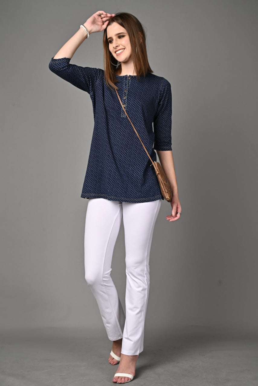 Denim Stretch Paisley Printed Long Top