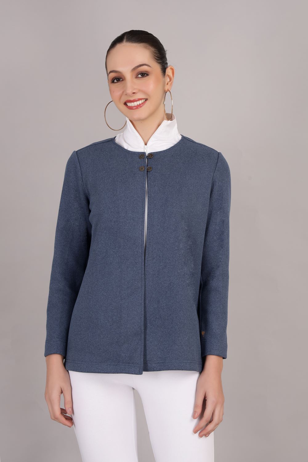 Blue Stretch Velvet Round Collar Open Jacket