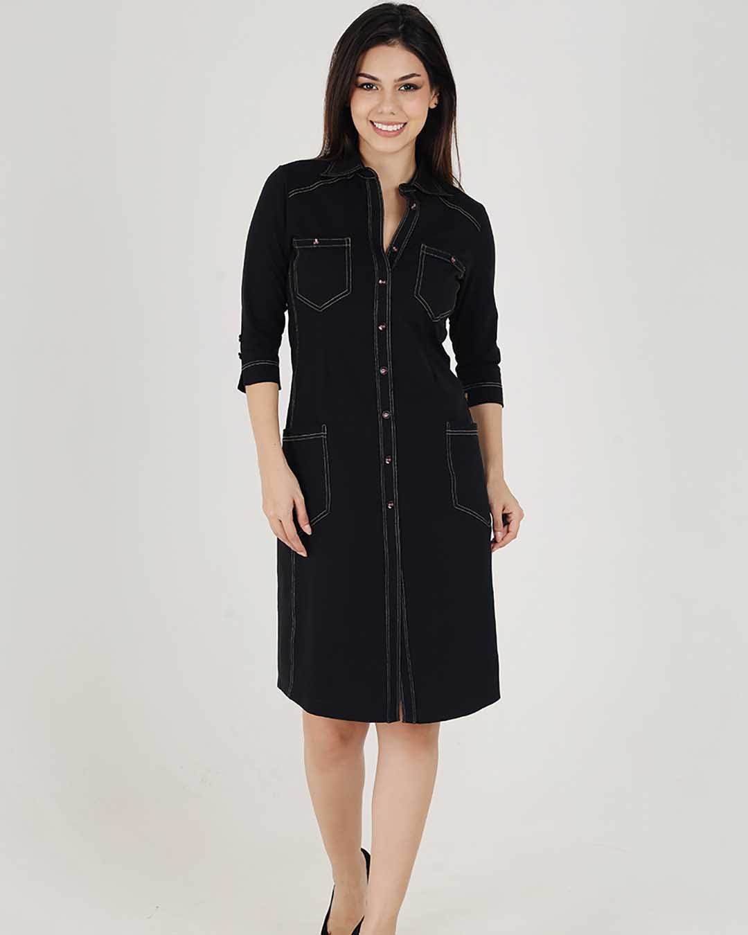 Black Sporty Cotton Stretch Collar Dress