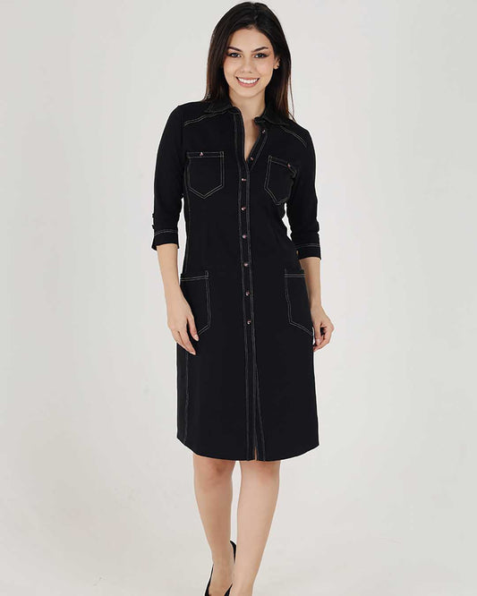 Black Sporty Cotton Stretch Collar Dress