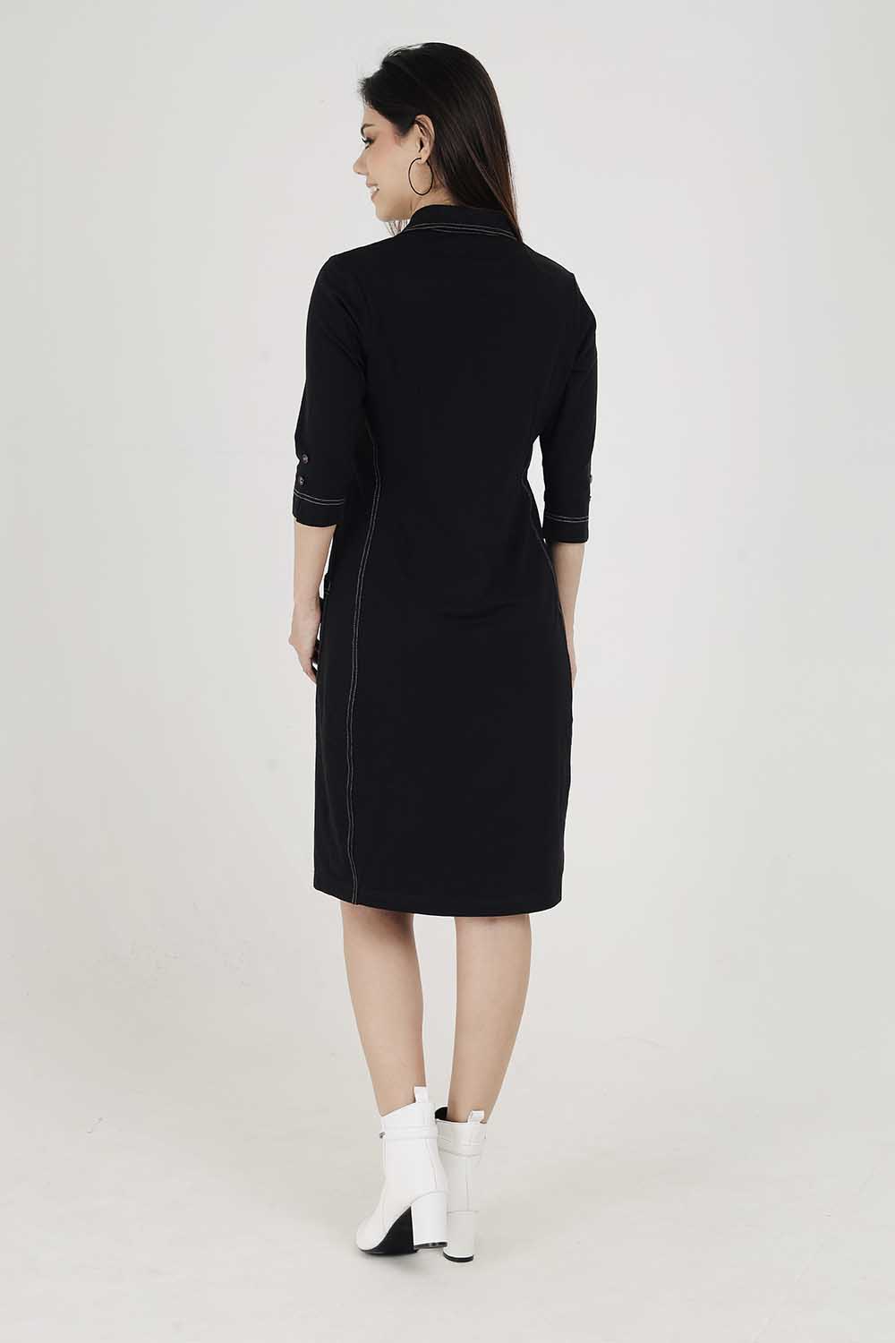 Black Sporty Cotton Stretch Collar Dress