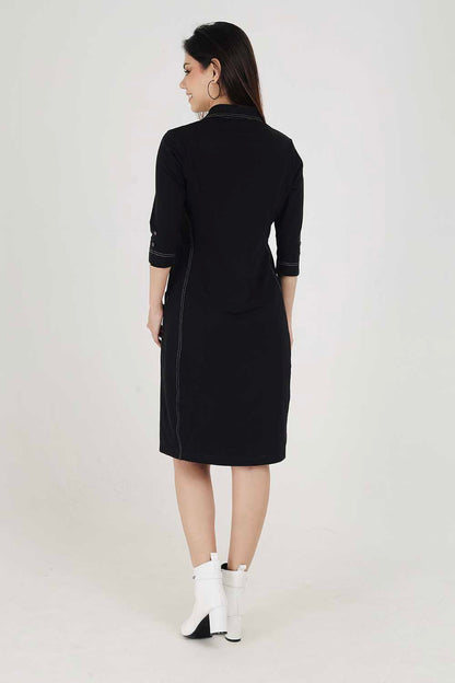 Black Sporty Cotton Stretch Collar Dress