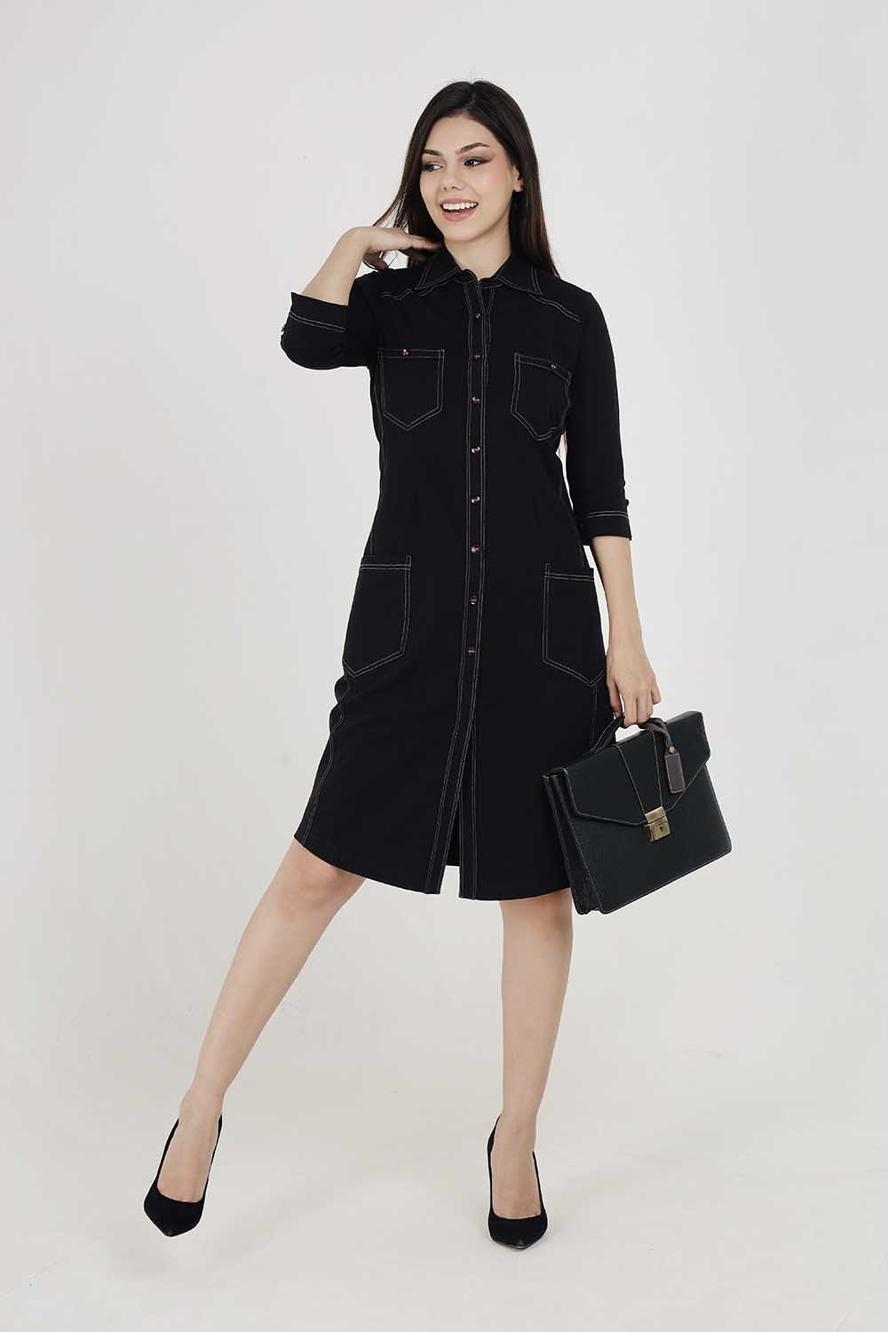 Black Sporty Cotton Stretch Collar Dress