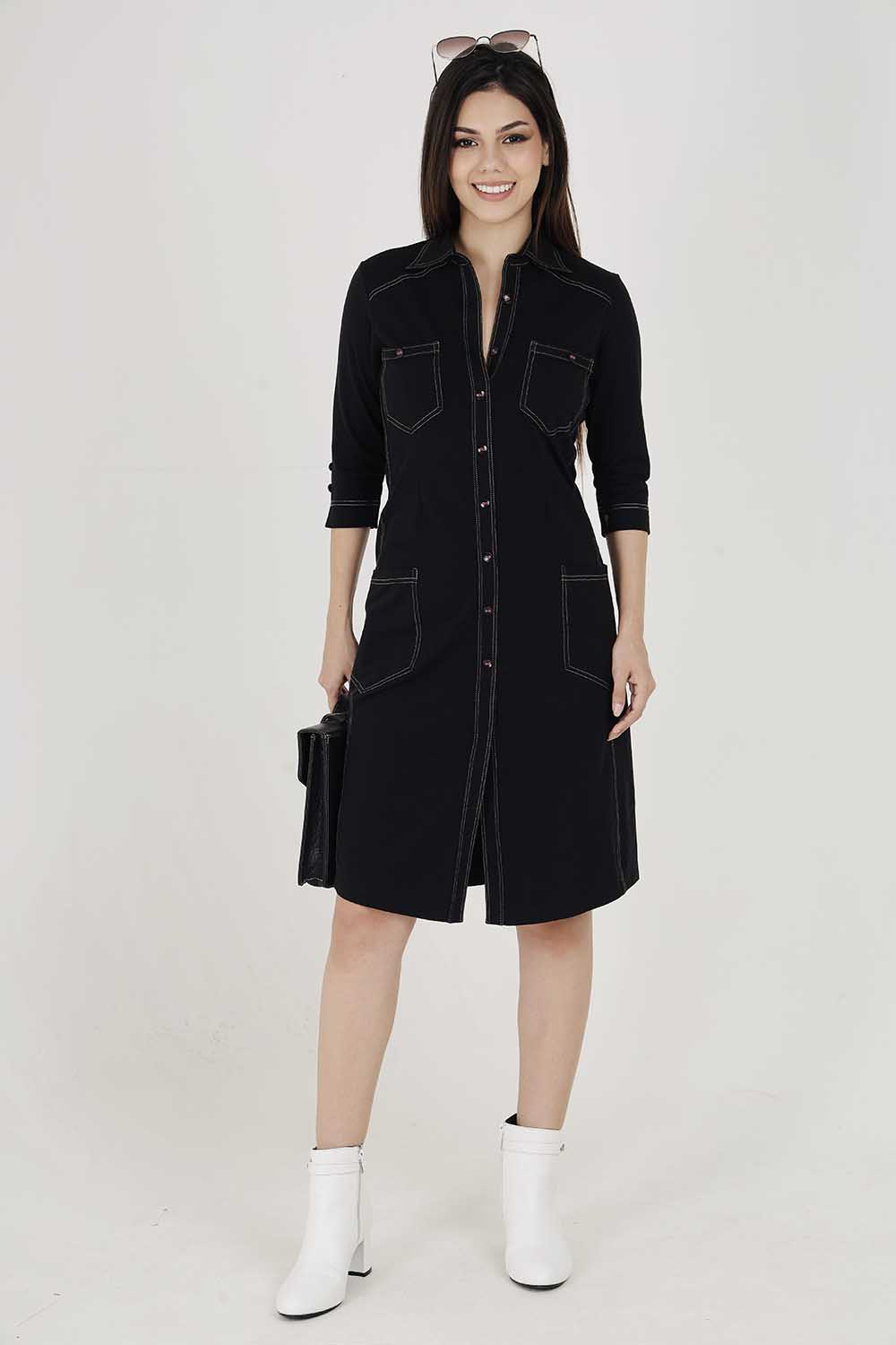 Black Sporty Cotton Stretch Collar Dress