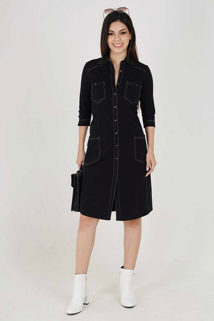Black Sporty Cotton Stretch Collar Dress