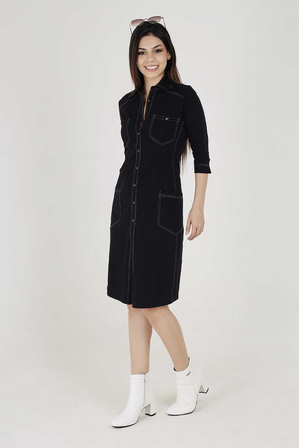 Black Sporty Cotton Stretch Collar Dress