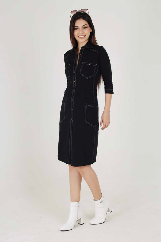 Black Sporty Cotton Stretch Collar Dress