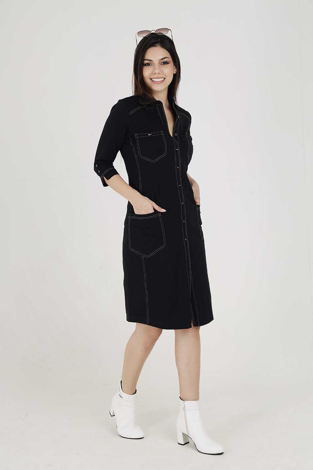 Black Sporty Cotton Stretch Collar Dress
