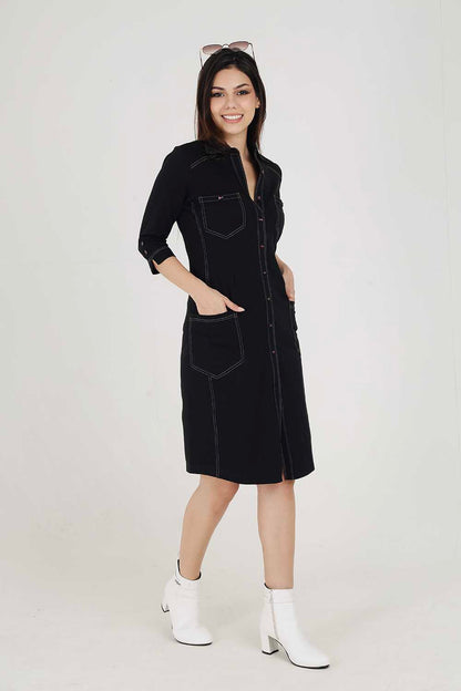 Black Sporty Cotton Stretch Collar Dress