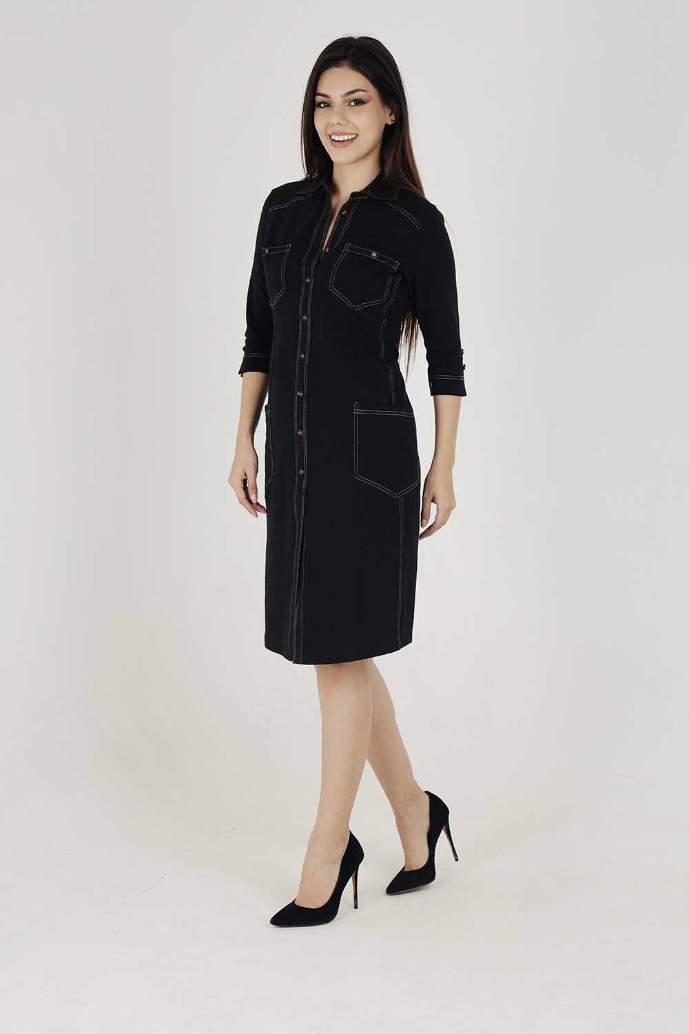 Black Sporty Cotton Stretch Collar Dress