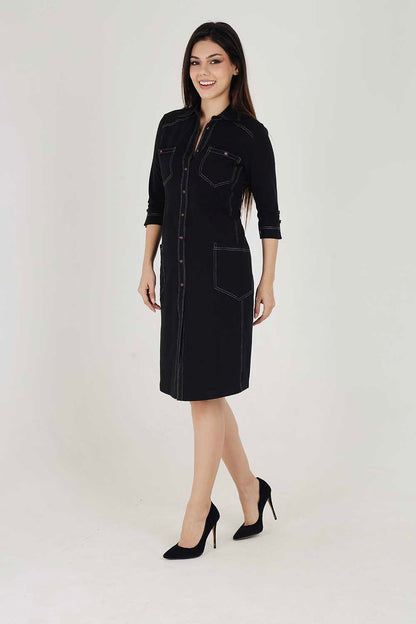 Black Sporty Cotton Stretch Collar Dress