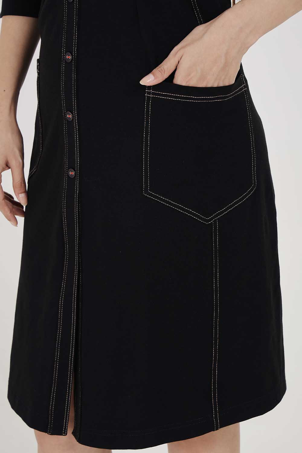Black Sporty Cotton Stretch Collar Dress