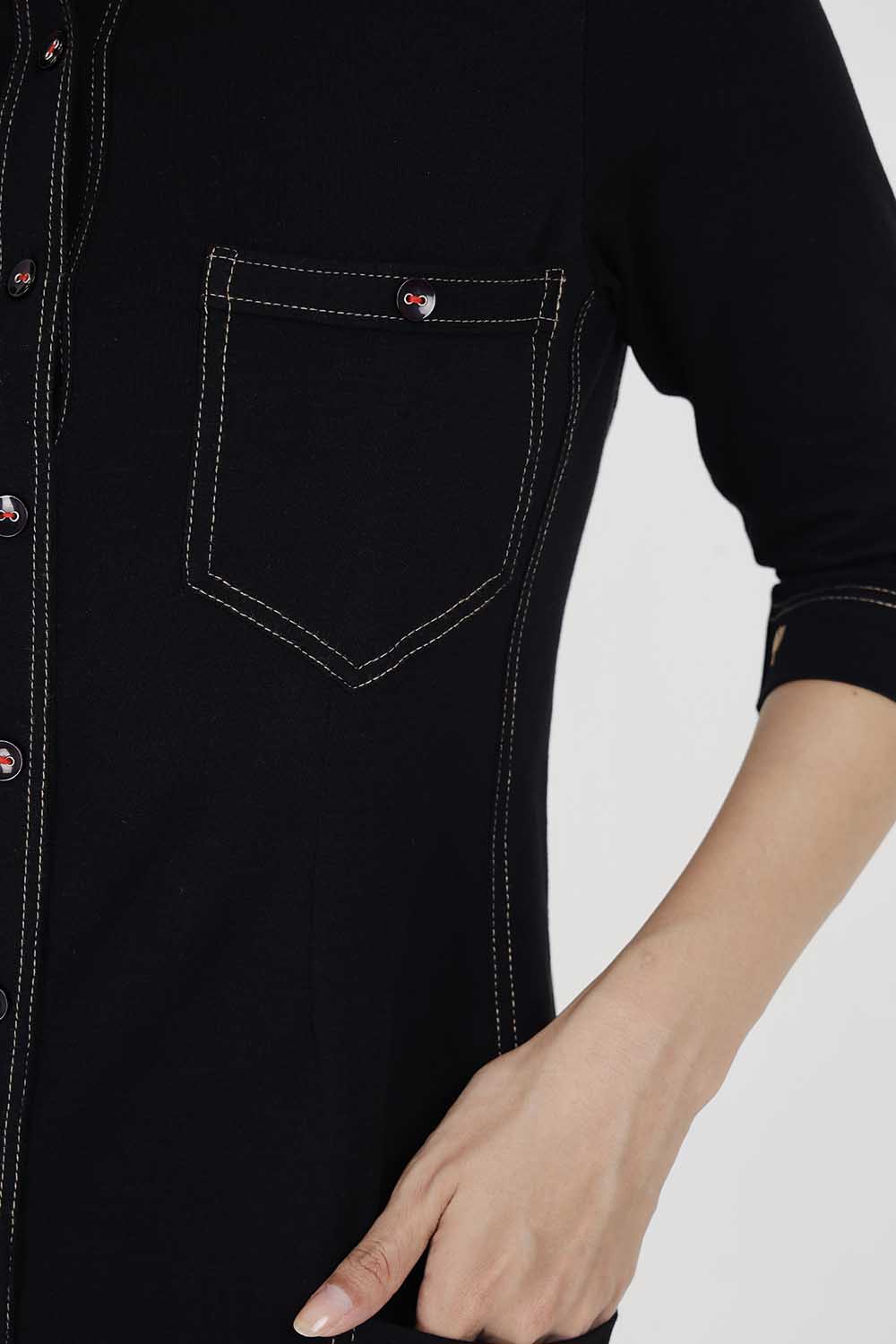 Black Sporty Cotton Stretch Collar Dress