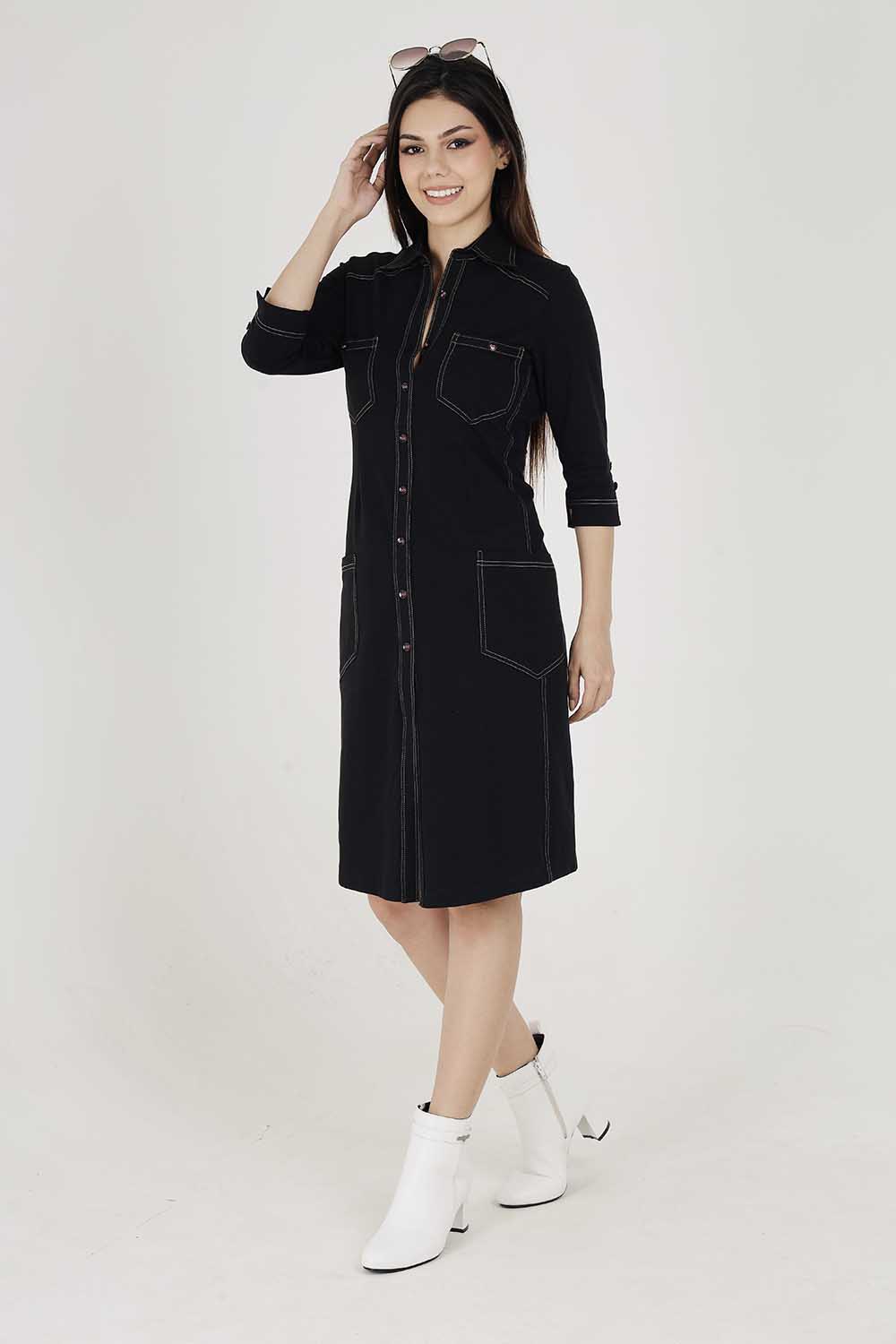 Black Sporty Cotton Stretch Collar Dress