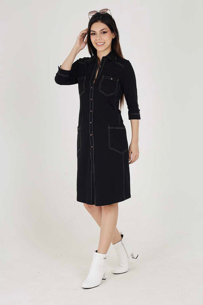 Black Sporty Cotton Stretch Collar Dress