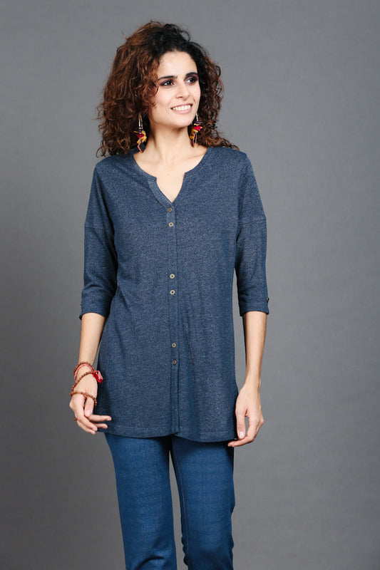 Blue Dual-Tone Long Stretch Shirt