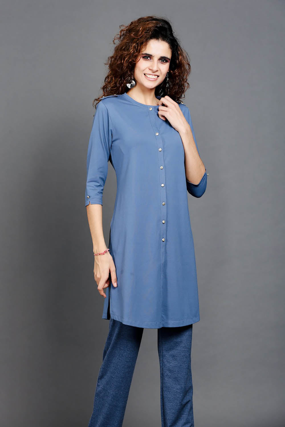Medium Blue Cotton Stretch Kurta Tunic