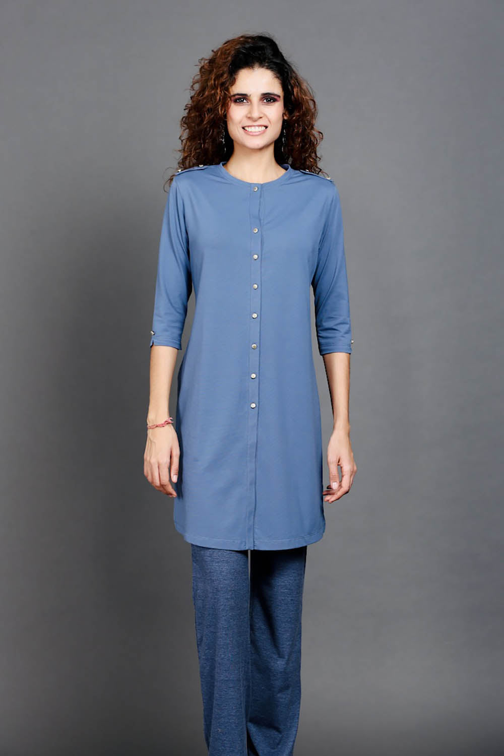 Medium Blue Cotton Stretch Kurta Tunic