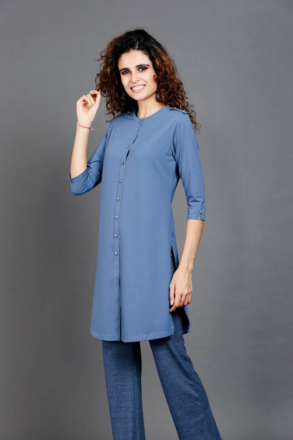 Medium Blue Cotton Stretch Kurta Tunic