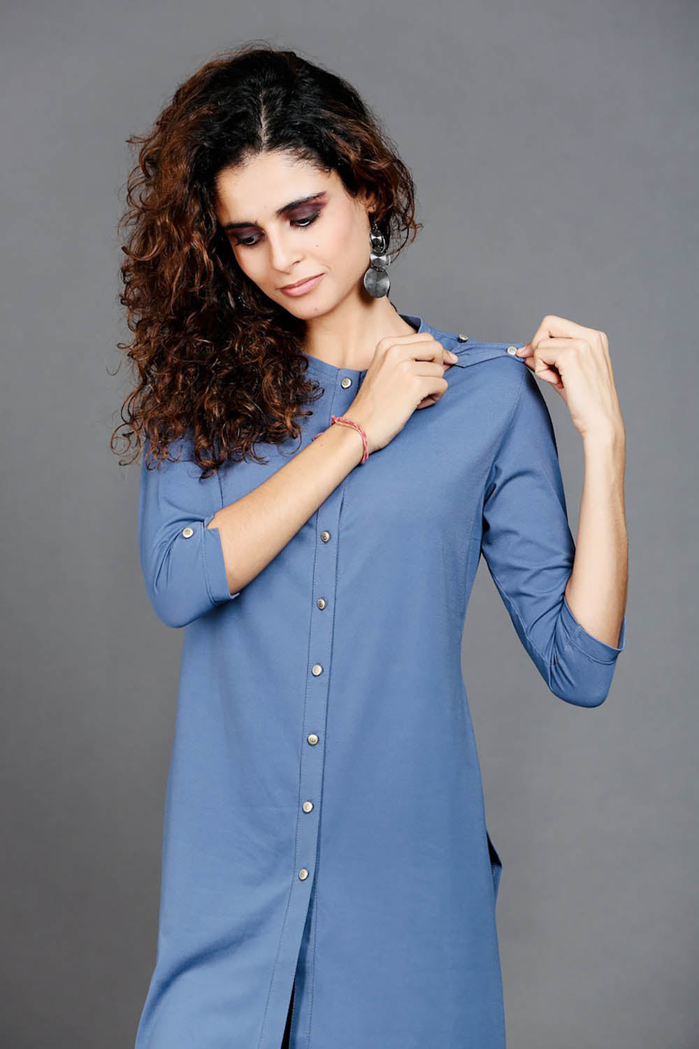 Medium Blue Cotton Stretch Kurta Tunic