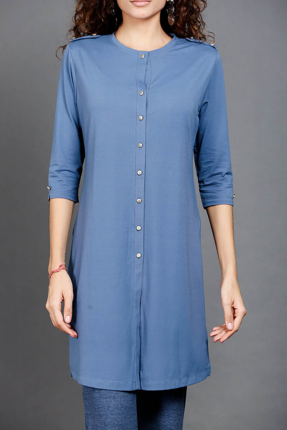 Medium Blue Cotton Stretch Kurta Tunic