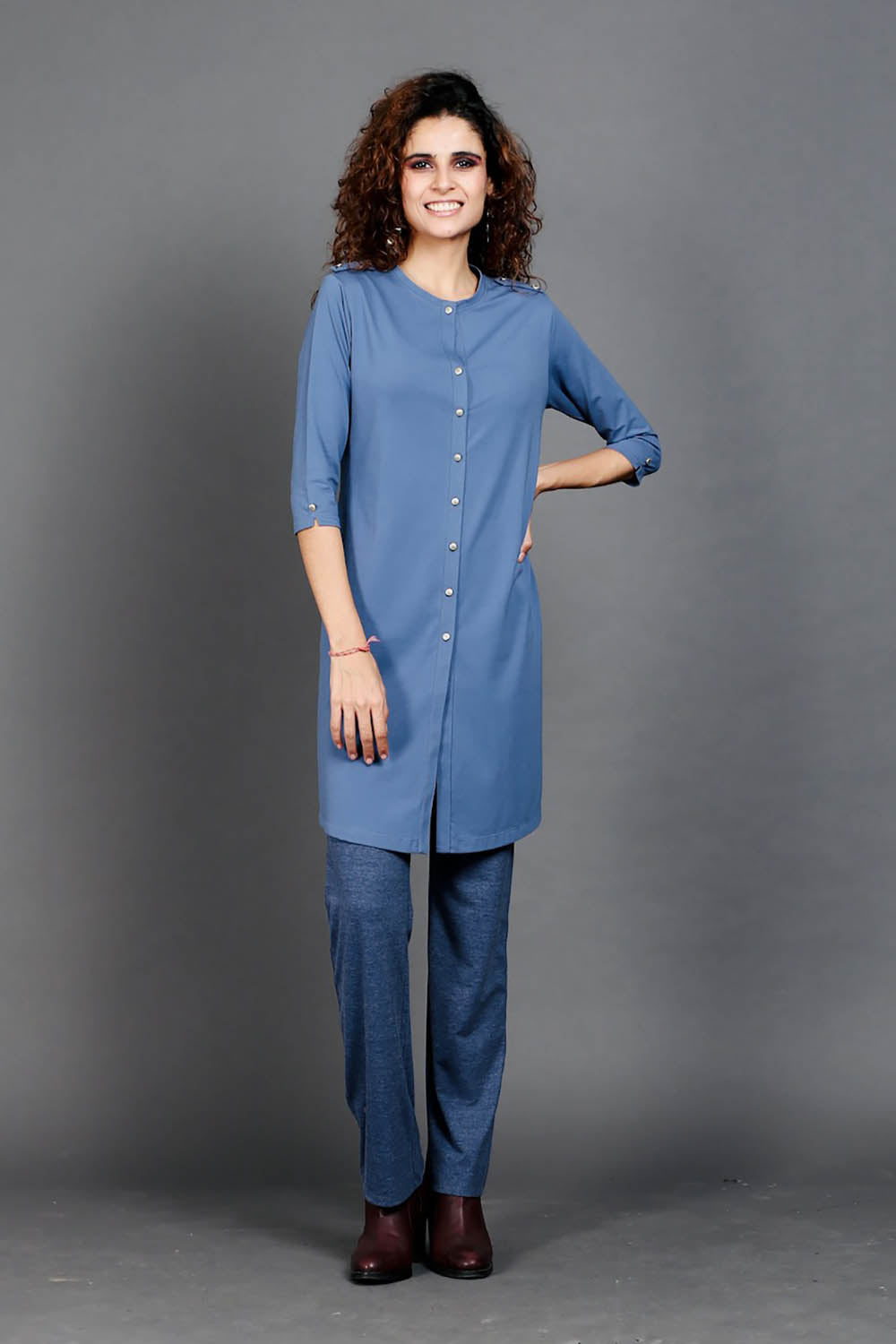 Medium Blue Cotton Stretch Kurta Tunic