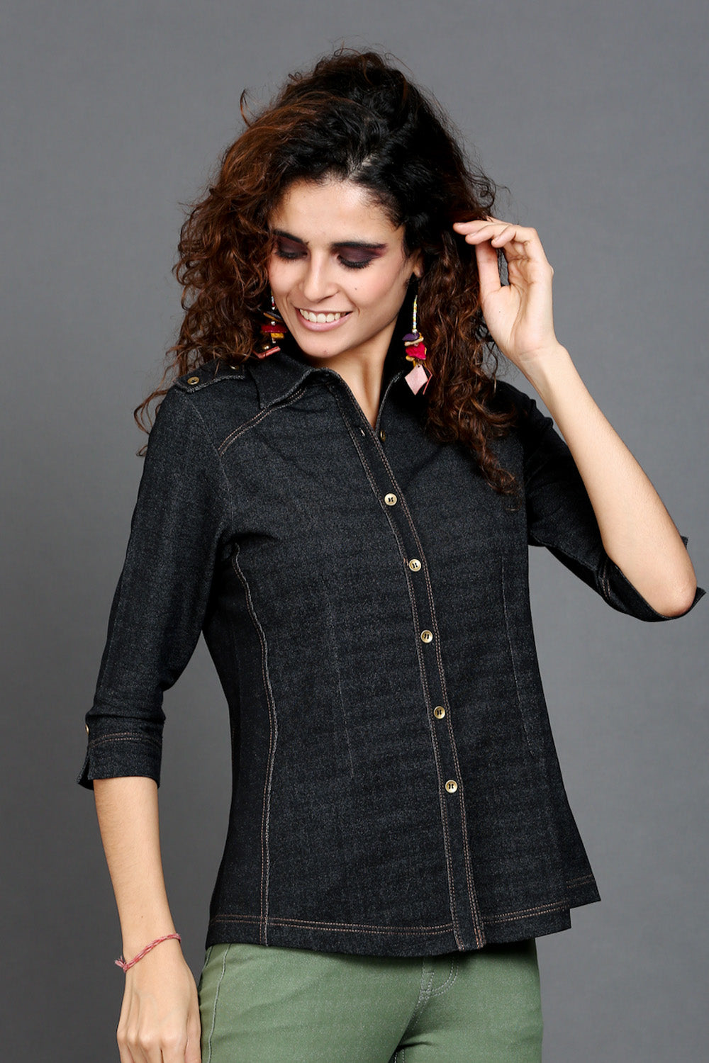Charcoal Black Denim-Look Stretch Shirt
