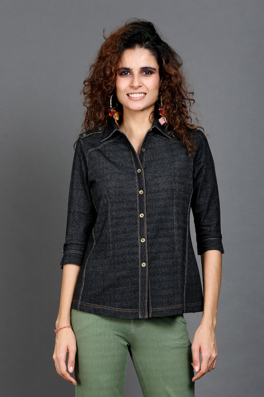 Charcoal Black Denim-Look Stretch Shirt