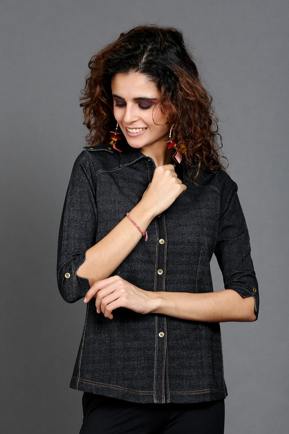 Charcoal Black Denim-Look Stretch Shirt